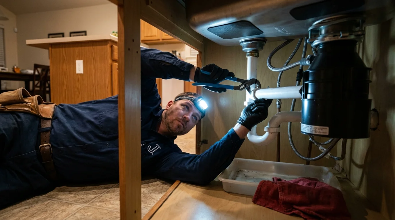 P-trap and supply line connections under a kitchen sink showing a common leak point in Freeport, FL